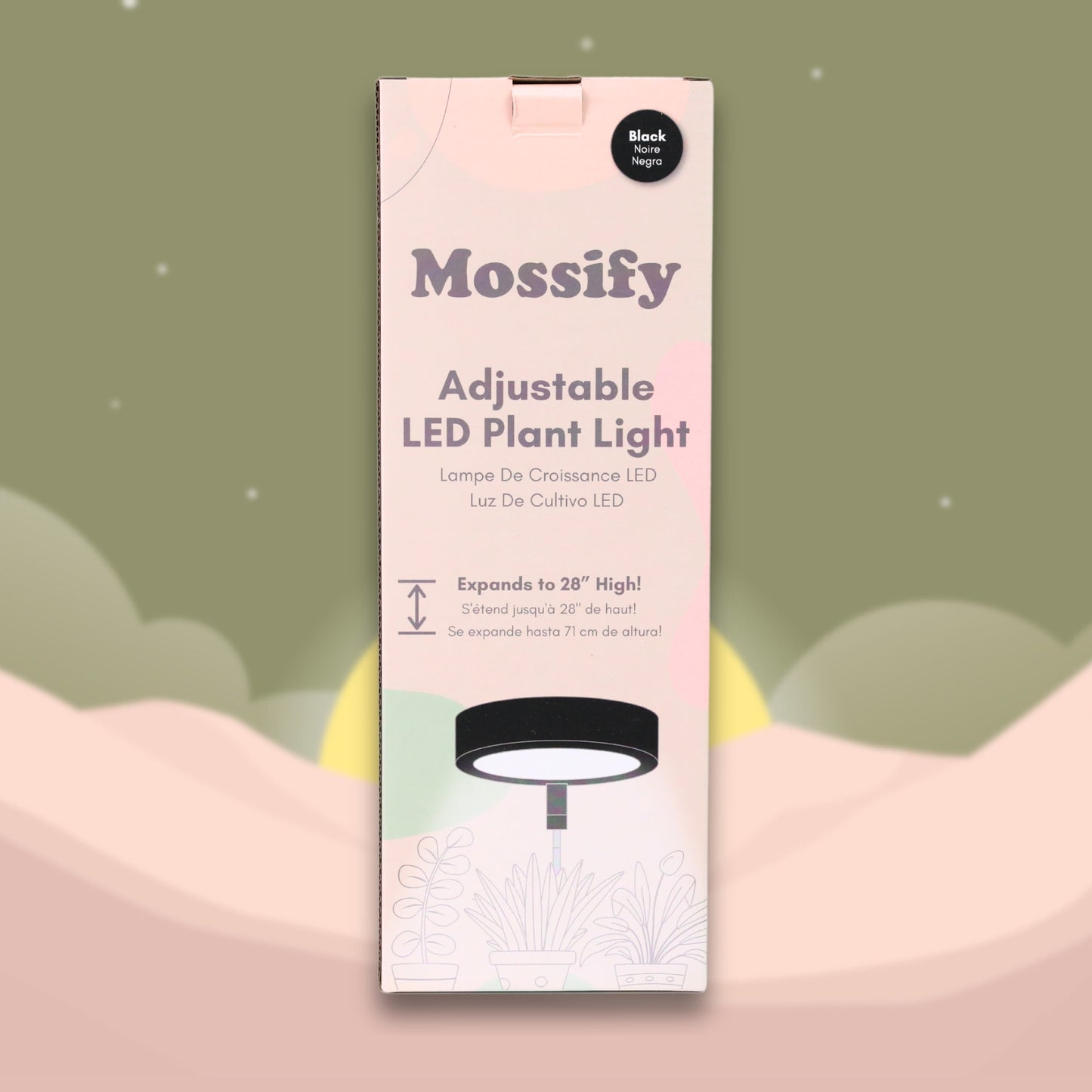 Mossify LED plant light unboxed — LED module, adjustable pole with clip, and wall adapter included