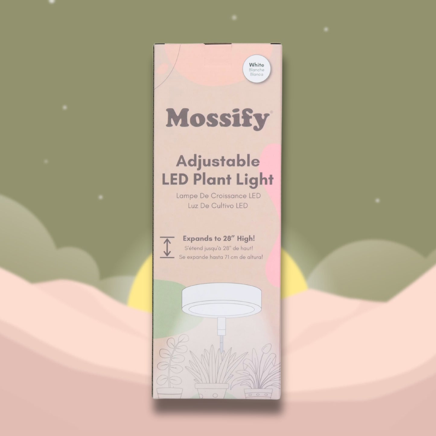 Mossify LED plant light unboxed — LED module, adjustable pole with clip, and wall adapter included