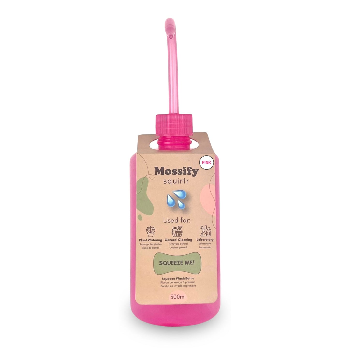 Mossify Squirtr precision watering bottle for houseplants, available in Clear and Pink, 500ml capacity