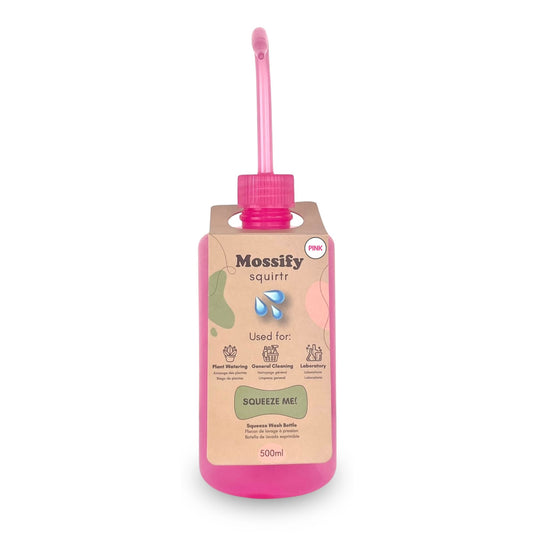 Mossify Squirtr precision watering bottle for houseplants, available in Clear and Pink, 500ml capacity