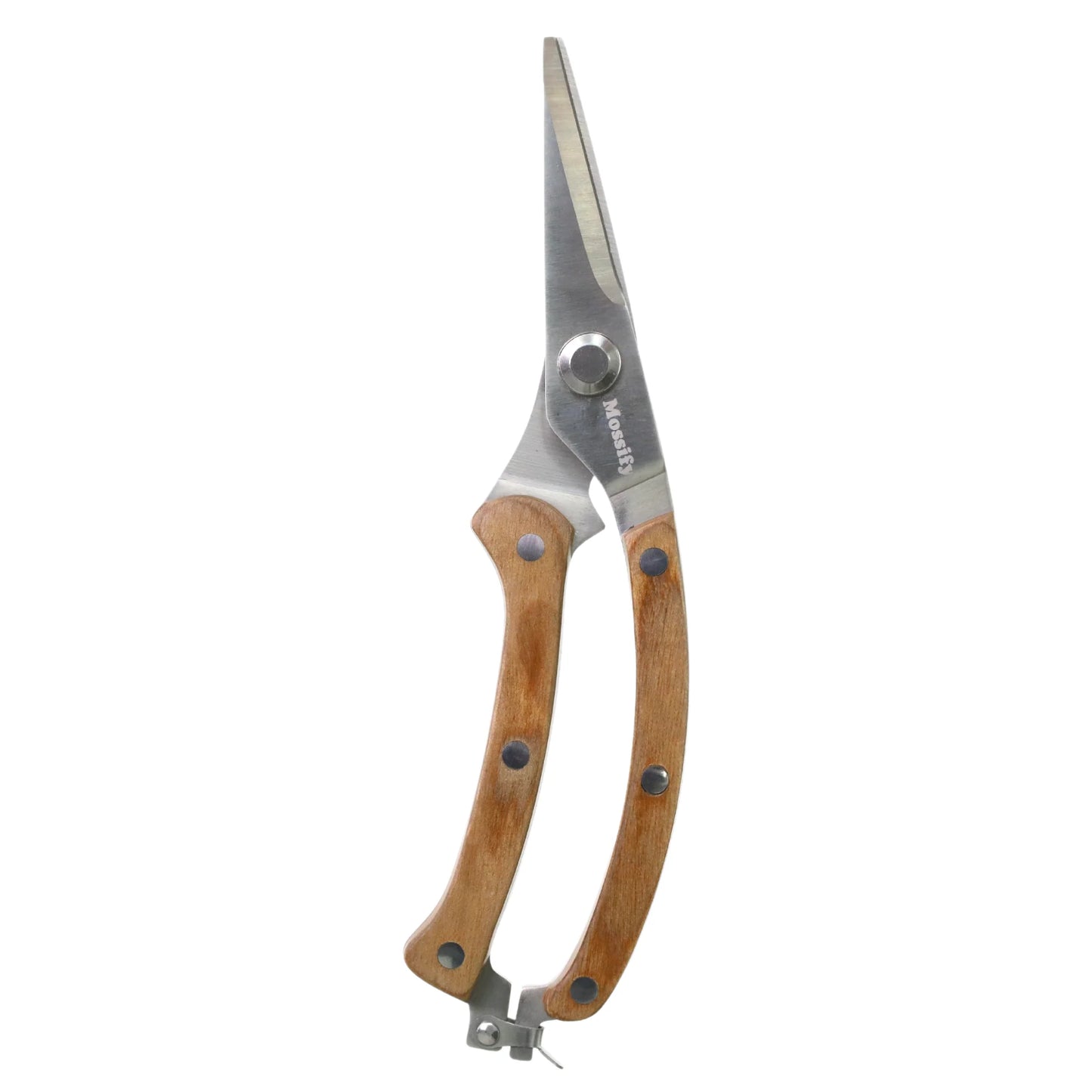 Close-up of Mossify slim shears showing long 4 inch pointy stainless steel blade for precision pruning